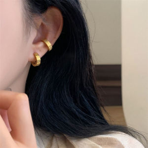 Fashionable Retro Court Style Gear Stripe Titanium Steel Plated Gold Ear Cuff Openable Ear Jewelry Versatile Elegant Quality
