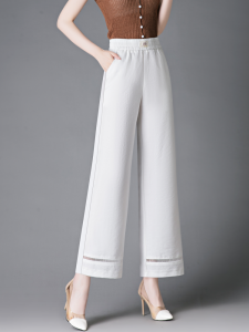 กางเกงขายาวทรงหลวมเอวสูงผ้าไหมน้ำแข็งสำหรับผู้หญิง ทรงหลวม ทรงตรง ทรงบาง กางเกงขายาวทรงหลวมสำหรับฤดูร้อน