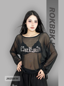 Hip-hop Stylish Lettered Rhinestones Mesh Tunic