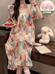 ชุดนอนผู้หญิงแขนสั้นพิมพ์ลายดอกไม้ฤดูร้อนปี 2025 ชุดนอนพยาบาลคุณแม่ที่สวมใส่สบายและสวยงาม ชุดนอนพยาบาลแบบสวมหัว