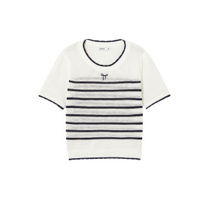 Hotwind | Striped Crew Neck Bow Embroidery Knit Top