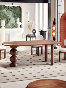 French Mid-century Style Dining Table Walnut Color Artistic Wood Real Wood Restaurant Meal Table And Chairs High-end Sensation