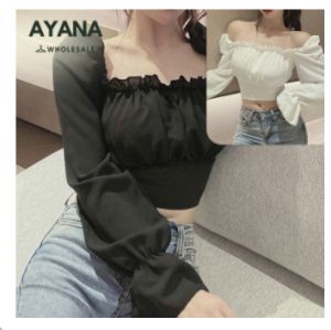 เสื้อครอปปาดไหล่ เสื้อผ้าครอปลำลองปาดไหล่ เสื้อครอปเฟชั่น เสื้อครอปลำลอง เสื้อยืดแขนยาว