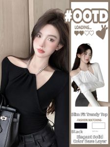 NINGXI | Gentle Off-Shoulder Chain Necklace Tops Long Sleeve Shirt