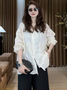 Áo Sơ Mi Ren Thêu Dài Tay Cho Nữ Mùa Thu 2025 Cỡ Lớn Chất Liệu Cotton Dáng Rộng Phong Cách Hàn Quốc Thường Ngày