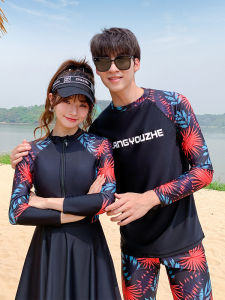 Long Sleeve Couples Swimsuit Quick Dry Sun Protection Separate plus Size Conservative Belly Cover Surfing Diving Swimwear for Women