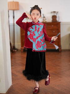 Girls New Chinese Style Vest Top Autumn Winter 2025 New Small Girl National Style Design Sensation Half Skirt Three Piece Set