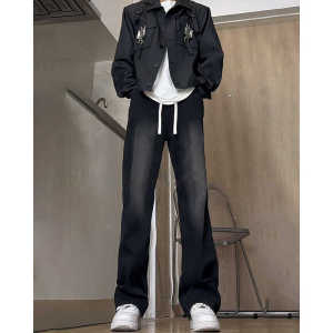 American High Street Vibe Retro Washed Drawstring Denim Male Spring & Fall New Arrival Loose Straight All-Matching Bootcut Pants
