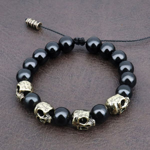 Vintage Black Agate Skull Bracelet for Men Gothic Skull Head Charm Tiger eye Bracelet Punk Rock Motorcycle Stone Beads Jewelry