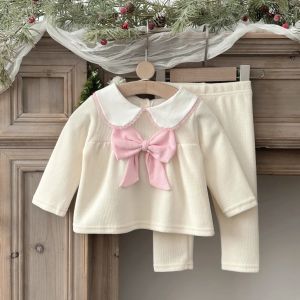 Baby Clothing Sets Autumn Cotton Cute Sweet 2 PCS Baby Girls Clothes Solid Color Bow Collar Skirt Pants Outfit