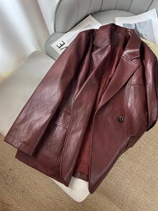 Ankang Red Street Style Retro PU Leather Suit Jacket Womens Loose Fit Autumn Winter New Arrival High End Feel Commute Fashion