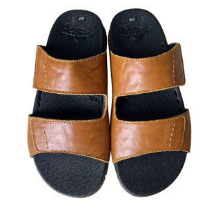 Dép nam quai ngang đế doctor cao 3.5cm màu vàng da bò thật may viền chắc  chắn DN158