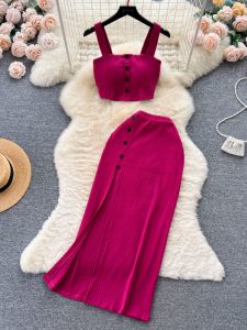 American French Style Alluring Short Crop Top Halter High Waist Slimming Flared Skirt Set