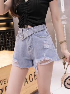 กางเกงขาสั้นผ้ายีนส์ขาดเอวสูงทรงหลวมสไตล์เกาหลีสำหรับผู้หญิง กางเกงขายาวทรงเอหลวมๆ สำหรับฤดูร้อน