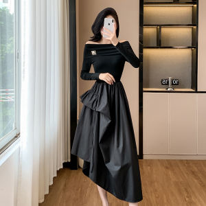 Elegant Black Long Dress Hepburn Style One Shoulder Waist Cinched Slimming French Design Autumn New Arrival Womens Dress
