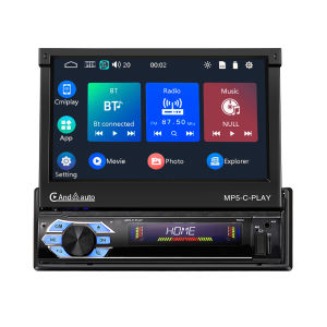 9601C 1 DIN Universal Car MP5 Player Head Unit 7” IPS Touch Screen Automatic Telescopic Screen Wired Apple Carplay Android Auto WiFi FM Bluetooth Reverse Camera