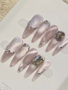 Delicate Pink Purple Gradient French Cat Eye Nail Art Handmade Detachable Square Diamond Luxury Wearing False Nails