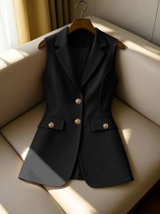 Womens Longline Blazer Vest Sleeveless Notched Lapel Suit Waistcoat with Gold Buttons for Business Office Outerwear Top