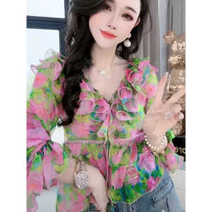 Elegant French Style V-Neck Ruffled Shirt with Trumpet Sleeves and Lace Detailing Loose Fit Womens Summer Thin Short Sleeve Blouse