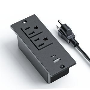White Compact Recessed Power Strip with 1500W 12A 2 Outlets 2 USB Ports Hidden Charging Station for Furniture Conference Table