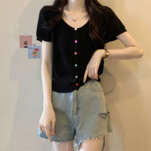 French Design Short Sleeve T-Shirt Womens plus Size Cover Belly Slimming Short Knitted Cardigan Top Colorful Button Korean Style