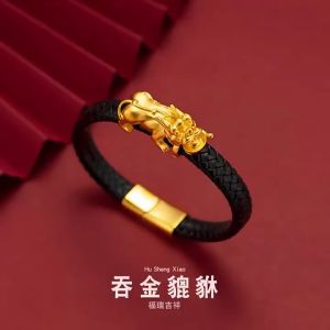 916 original gold version leather rope swallow gold Pixiu chain mens bracelet