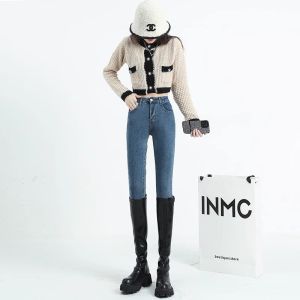 Black Tight Denim Womens Fleece-lined Fall and Winter New Arrival High Waist Skinny Pants Plus Size Slimming Pencil Pants Thick Boots