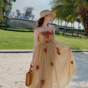 ELF TRIBE French Vintage One Shoulder Halter Floral Dresses Mesh Vacation Beach Dress for Women