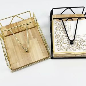 Napkin Holder for Table with Wooden Base Metal Napkin Dispenser with Salt and Pepper Shakers Caddy Modern Square Napkin Holders for Dining Table Decor Kitchen Outdoor Party