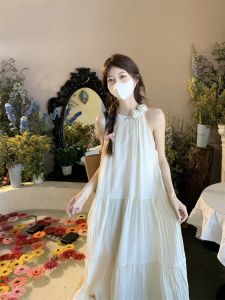 Váy Dài Không Tay Cổ Treo Màu Trắng Mùa Hè 2024 Cho Nữ Váy Dài Đến Eo Cao Phong Cách Ngọt Ngào Cho Ngày Lễ Bãi Biển