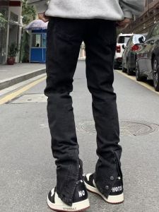 American Hiphop Trendy Breasted Black Denim Mens and Womens High Street Silm Straight-leg High All-Matching Casual Trousers