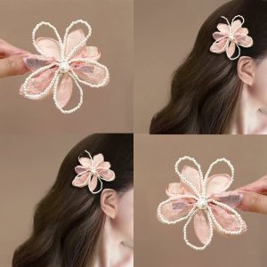 Sweet Floral Hair Clip Pearl Mesh Duckbill Side Clip Womens Hair Accessories Pink Gentle Brand New Fashion Jewelry