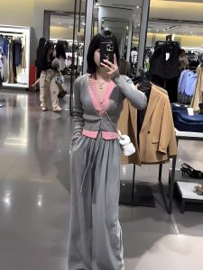 Spring Autumn Knitted Long Sleeve V-Neck Top High Waist Draped Wide Leg Pants Set Fashionable Color Block Two-Piece Cotton Suit