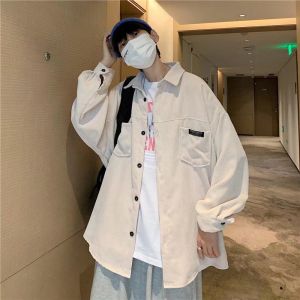 Corduroy Shirt Mens Summer Retro Hong Kong Style Loose Harajuku Casual Double Pocket Label Cool Outerwear Long Sleeve Button up