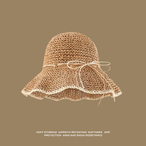 WEIAI | Breathable Hollow Out Large Brim Straw Hat Womens Summer Beach Vacation Sun Protection Hat Casual Style Round Top Cap