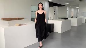 French Women Plain Pleated Strap Dress Long Length Dress