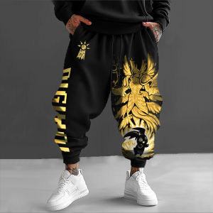 Bandai | Men Loose Fit Tapered Harem Joggers with Digimon Agumon Greymon Anime Orange Fire Print Hip Hop Sportswear Casual Pants for Men