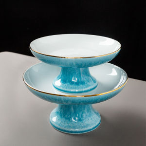 จานใส่ผลไม้เซรามิกทรงสูงจานขนมเคลือบเงาทรงสูงจานส่วยขอบทองไซส์ใหญ่จานใส่ผลไม้สไตล์จีนจานใส่อาหารร้อนเชิงพาณิชย์