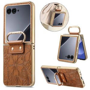 Ốp Điện Thoại Motorola Razr 60 Ultra 50 Bằng Da PU Có Vòng Đeo Ngón Tay Họa Tiết Hoa Nổi Chống Sốc Mạ Điện Bảo Vệ Toàn Diện