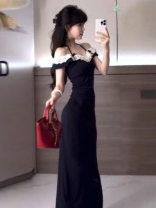 CHANGTONG | Elegant Pure Desire French Style Lace Splice Hanging Neck Long Dress Design Unique Beautiful Skirt For Young Women 18-29 Years Old