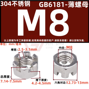 Hex Socket Thin Nuts 304 Stainless Steel Six Claw GB6181 Opening Cap A2-70 M8M10M16M20 Hardware Fasteners Locking Type