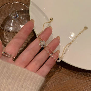 Rhinestone Zircon Pearl Double Flower Bracelet: Women's Hand Jewelry Gift