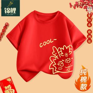 BM studio childrens cotton short-sleeved t-shirt 2025 Year of the Snake girls New Years clothes boys 12 years old natal year red top winter