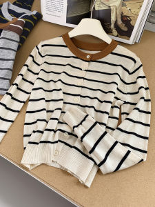 AMILUCK | เสื้อคาร์ดิแกนถักแขนยาวลายทางสีบล็อกสไตล์เกาหลีสำหรับผู้หญิงในฤดูใบไม้ร่วงปี 2025 เสื้อคลุมกันหนาวแบบสวมหัวทรงตรง