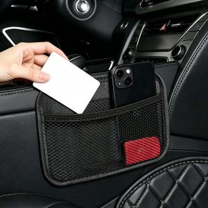 Car Storage Bag In-Car Phone Holder Adhesive Multi-Functional Mesh Pocket Hanging Coin Key Storage Bag Car Interior Organizer Stowing Tidying