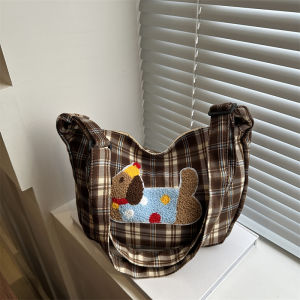 Trendy College Style Plaid Canvas Tote Bag Womens Large Capacity Slant Cross Bag Casual Single Shoulder Bag by Maerya