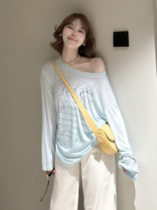 BINKAFENNY | Blue Letter Print Asymmetrical Shoulder Long Sleeve Knitted Top Loose Fit Summer Outerwear Womens Lightweight Air Conditioner Cover Up