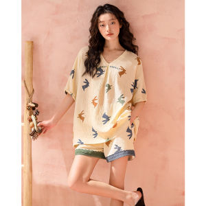 Short Sleeve Light Cotton Voile Loose Cartoon Pyjamas