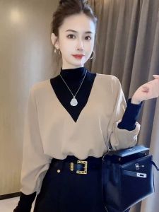 Fashionable Fleece Lined High Collar Shirt Womens Premium Quality Splice Fake Two-Piece Shirt Stylish Age-Defying Top