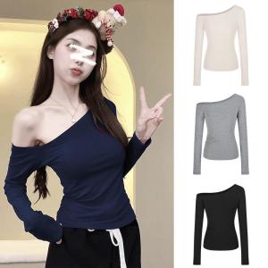 Slim Fit Long Sleeve Shoulder Bared T Shirt Womens Early Autumn Design Versatile Base Layer Shirt Student Top Pure Desire